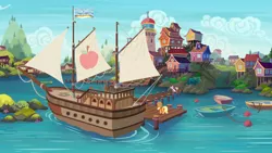 Size: 1920x1080 | Tagged: safe, derpibooru import, screencap, applejack, pinkie pie, rarity, pony, ppov, boat, british columbia, devon cody, flag, harbor, lighthouse, ocean, scenery, seaward shoals, ship, town