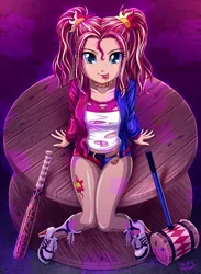 Size: 1000x1366 | Tagged: safe, artist:uotapo, derpibooru import, sunset shimmer, equestria girls, adorasexy, alternate hairstyle, baseball bat, belly button, braless, clothes, colored pupils, cosplay, costume, cute, dc comics, female, fishnets, harley quinn, looking at you, looking up, mallet, sexy, solo, suicide squad, sunset quinn, tongue out, torn clothes