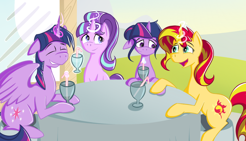 Size: 1308x753 | Tagged: safe, artist:proppane, derpibooru import, sci-twi, starlight glimmer, sunset shimmer, twilight sparkle, twilight sparkle (alicorn), ponified, pony, equestria girls, double date, equestria girls ponified, female, glass, lesbian, magic, scitwishimmer, self ponidox, shipping, straw, sunsetsparkle, table, telekinesis, twilight's counterparts, twistarlight, twolight