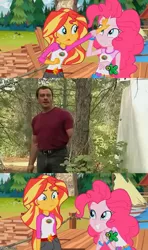 Size: 500x843 | Tagged: suggestive, derpibooru import, edit, edited screencap, screencap, pinkie pie, sunset shimmer, equestria girls, legend of everfree, catalina videos, discovery kids, meme, oh shit i'm sorry, steve rambo, sunset sees things