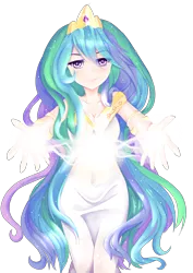 Size: 2894x4093 | Tagged: artist:aunmoon, belly button, clothes, derpibooru import, dress, eye clipping through hair, female, hug request, human, humanized, looking at you, magic, princess celestia, safe, simple background, smiling, solo, transparent background
