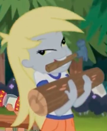 Size: 363x443 | Tagged: safe, derpibooru import, screencap, derpy hooves, equestria girls, legend of everfree, derpy doing derpy things, great moments in animation, hammer, lantern, lidded eyes, log, majestic as fuck, silly human