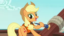 Size: 1280x720 | Tagged: safe, derpibooru import, screencap, applejack, earth pony, pony, ppov, female, happy, lifejacket, looking back, mare, plot, solo, spyglass