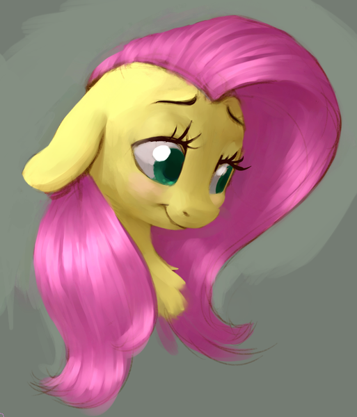 Size: 722x844 | Tagged: artist:chef j, blushing, bust, derpibooru import, floppy ears, fluttershy, looking away, portrait, safe, simple background, smiling, solo