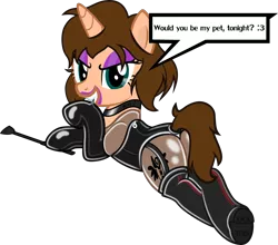 Size: 3413x3000 | Tagged: suggestive, artist:applec1234, deleted from derpibooru, derpibooru import, oc, oc:chloe adore, unofficial characters only, pony, unicorn, bedroom eyes, biting, boots, clothes, collar, corset, female, fetish, gloves, grin, latex, latex gloves, leotard, lipstick, looking at you, lying down, mouth hold, plot, simple background, smiling, socks, solo, solo female, speech bubble, teeth, transparent background, whip, zipper