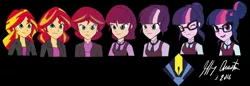 Size: 2804x960 | Tagged: safe, artist:penspark, derpibooru import, sci-twi, sunset shimmer, twilight sparkle, equestria girls, character to character, clothes, crystal prep academy, crystal prep academy uniform, crystal prep shadowbolts, glasses, open mouth, school uniform, sequence, smiling, transformation