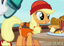 Size: 538x391 | Tagged: safe, derpibooru import, screencap, applejack, rarity, pony, ppov, animated, beanie, boat, circus peanuts, cupcake, food, gif, glasses, hat, licking, licking lips, lifejacket, loop, pie, solo, toffee apple, tongue out
