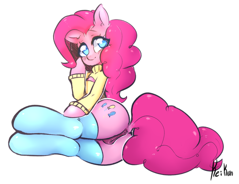 Size: 1561x1199 | Tagged: explicit, artist:kei kun, derpibooru import, pinkie pie, anus, clothes, cute, female, nudity, plot, simple background, smiling, solo, solo female, stockings, sweater, vulva