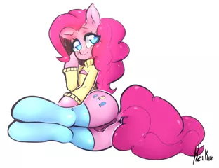 Size: 1561x1199 | Tagged: explicit, artist:kei kun, derpibooru import, pinkie pie, anus, clothes, cute, female, nudity, plot, simple background, smiling, solo, solo female, stockings, sweater, vulva