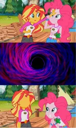 Size: 607x1024 | Tagged: safe, derpibooru import, edit, edited screencap, screencap, pinkie pie, sunset shimmer, equestria girls, legend of everfree, blank face, discovery kids, i have no mouth and i must scream, meme, no face, sunset sees things, void, vortex