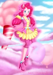 Size: 3508x4961 | Tagged: safe, artist:kateychazuu, derpibooru import, pinkie pie, human, equestria girls, legend of everfree, absurd resolution, anime, clothes, cloud, cotton candy, crystal guardian, cute, dessert, devil horn (gesture), dress, eared humanization, female, geode of sugar bombs, high heels, humanized, magical geodes, magical girl, open mouth, pony ears, rock on, sky, solo