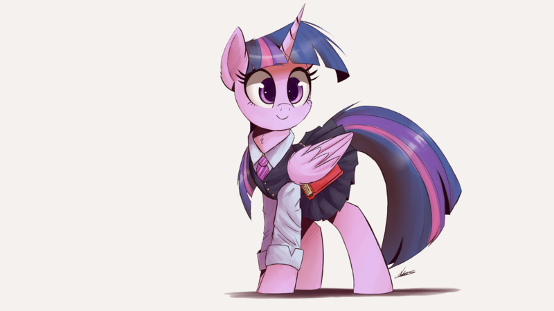 Size: 2500x1406 | Tagged: safe, artist:ncmares, derpibooru import, twilight sparkle, twilight sparkle (alicorn), alicorn, pony, adorkable, book, clothes, colored pupils, cute, dork, female, long sleeves, looking at something, mare, neck fluff, necktie, pleated skirt, school uniform, schoolgirl, shadow, shirt, signature, simple background, skirt, skirt lift, smiling, solo, style emulation, twiabetes, vest, white background, wing hold