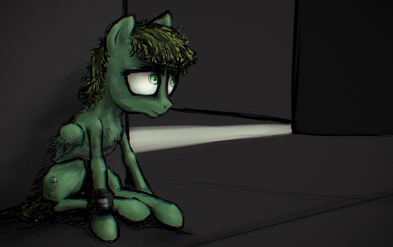 Size: 1082x680 | Tagged: semi-grimdark, artist:plotcore, derpibooru import, oc, oc:murky, unofficial characters only, pegasus, pony, fallout equestria, fallout equestria: murky number seven, anorexic, bony, bruised, chains, cutie mark, dark circles, dirty, door, fallout, light, male, sad, slave, solo, stallion, wings