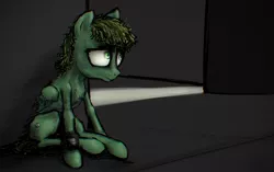 Size: 1082x680 | Tagged: semi-grimdark, artist:plotcore, derpibooru import, oc, oc:murky, unofficial characters only, pegasus, pony, fallout equestria, fallout equestria: murky number seven, anorexic, bony, bruised, chains, cutie mark, dark circles, dirty, door, fallout, light, male, sad, slave, solo, stallion, wings
