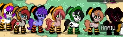 Size: 494x148 | Tagged: clothes, costume, derpibooru import, halloween, hat, oc, oc:ace of spades, oc:burgundy, oc:debra rose, oc:pon, oc:seafood dinner, pony town, safe, socks, striped socks, unofficial characters only