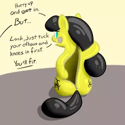 Size: 1048x1045 | Tagged: artist:dieoberuser, biohazard, bitchsuit, cute, derpibooru import, hazmat suit, latex, latex pony, latex suit, living clothes, living object, living suit, object pony, oc, oc:fume hood, offscreen character, original species, ponified, safe, shiny, solo, talking, talking to viewer, unofficial characters only, zipper