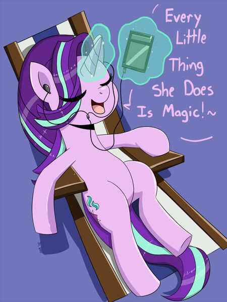 Size: 600x800 | Tagged: safe, artist:sonikku001, derpibooru import, starlight glimmer, pony, unicorn, every little thing she does, chillaxing, dialogue, every little thing she does is magic, eyes closed, female, levitation, magic, mare, open mouth, simple background, solo, song reference, telekinesis, the police