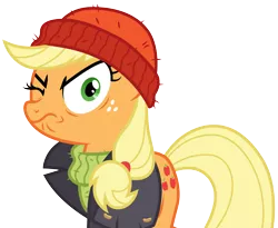 Size: 3703x3040 | Tagged: safe, artist:cloudyglow, derpibooru import, applejack, pony, ppov, .ai available, beanie, captain jackbeard, clothes, do ah look angry, freckles, hat, looking at you, one eye closed, silly, silly pony, simple background, solo, transparent background, vector, wavy mouth, who's a silly pony