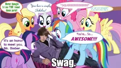 Size: 960x540 | Tagged: 1000 years in photoshop, applejack, derpibooru import, downvote bait, edit, edited screencap, fluttershy, human, irl, irl human, justin bieber, mane, mane six, op is satan, op started shit, photo, pinkie pie, rainbow dash, rarity, reuploaded, safe, screencap, swag, twilight sparkle, wat, why, wtf