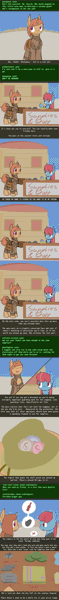 Size: 500x5095 | Tagged: safe, artist:erthilo, derpibooru import, oc, oc:sierra scorch, unofficial characters only, earth pony, pony, unicorn, fallout equestria, animated, awkward, bottlecap, chems, clothes, cyoa, desert, eyes closed, fallout, female, food, gif, horn, merchant, scrap, sparkle cola, stablequest, talking, text