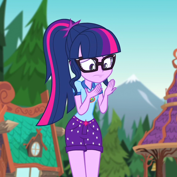 Size: 975x975 | Tagged: safe, derpibooru import, screencap, sci-twi, twilight sparkle, equestria girls, legend of everfree, building, camp everfree, clothes, gazebo, glasses, ponytail, scenery, shame, shorts, solo