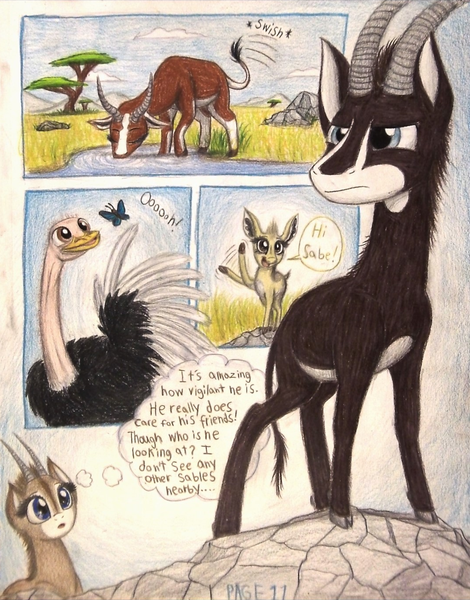 Size: 1068x1364 | Tagged: acacia tree, africa, animal in mlp form, antelope, artist:thefriendlyelephant, bontebok, butterfly, cloven hooves, comic, comic:sable story, derpibooru import, dik dik, fluffy, giant sable antelope, horns, mountain, oc, oc:dom stom bubu, oc:kekere, oc:kweli masozi, oc:sabe, oc:uganda, ostrich, rock, safe, savanna, speech bubble, tree, unofficial characters only, water, waterhole