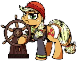 Size: 4122x3308 | Tagged: absurd resolution, applejack, artist:gray--day, beanie, captain jackbeard, clothes, derpibooru import, freckles, hat, hoof hold, ppov, safe, solo, steering wheel