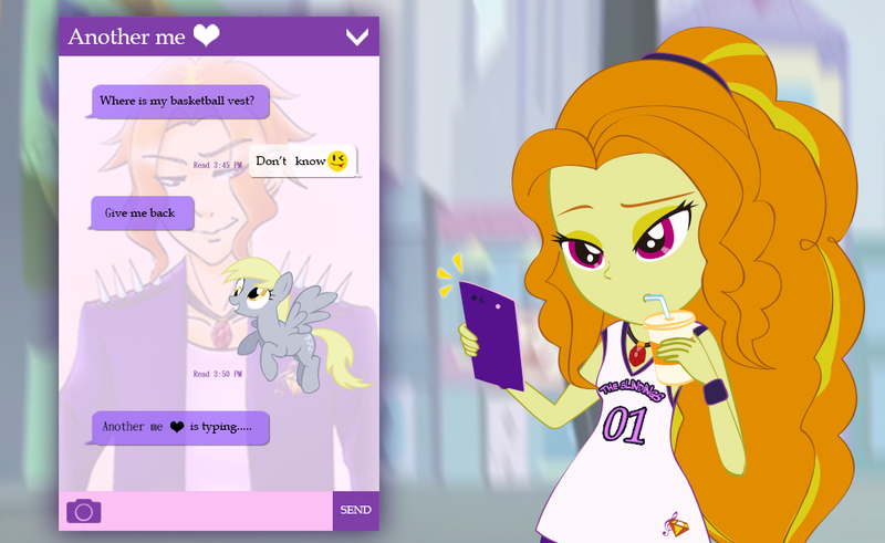 Size: 1024x629 | Tagged: safe, artist:jessiexie, derpibooru import, adagio dazzle, derpy hooves, pegasus, pony, chat, female, mare