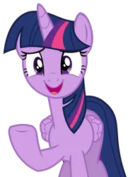 Size: 2069x2850 | Tagged: safe, artist:sketchmcreations, derpibooru import, twilight sparkle, twilight sparkle (alicorn), alicorn, pony, ppov, female, folded wings, mare, open mouth, raised hoof, simple background, smiling, solo, transparent background, vector