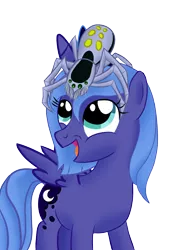 Size: 1700x2338 | Tagged: artist:bonaxor, derpibooru import, filly, pet, princess luna, safe, simple background, solo, spider, woona, younger