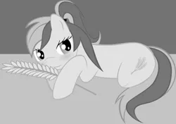 Size: 1201x844 | Tagged: amputee, artist:nursey, author:themastereraser, blushing, derpibooru import, enduring strength, grayscale, monochrome, oc, oc:wheatgrass, safe, solo, unofficial characters only