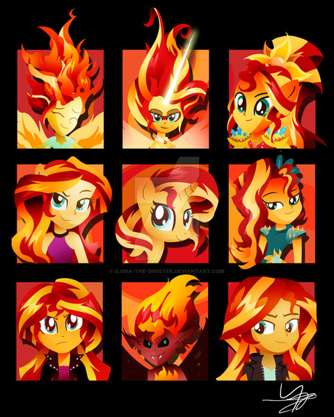 Size: 800x1000 | Tagged: safe, artist:ii-art, derpibooru import, sunset shimmer, pony, equestria girls, friendship games, legend of everfree, rainbow rocks, clothes, crystal gala, crystal guardian, daydream shimmer, fiery shimmer, fiery wings, fire, mane of fire, multeity, ponied up, shimmerstorm, shirt design, sleeveless, sunset phoenix, sunset satan, this will end in fire, watermark