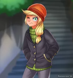 Size: 700x746 | Tagged: applejack, artist:racoonsan, beanie, captain jackbeard, clothes, derpibooru import, hands in pockets, hat, human, humanized, one eye closed, pants, ppov, safe, silly, silly human, solo, who's a silly human