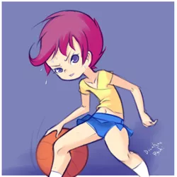 Size: 800x800 | Tagged: artist:drantyno, ball, basketball, belly button, clothes, derpibooru import, human, humanized, midriff, safe, scootaloo, short shirt, skirt, skirtaloo, skirt flip, socks, solo, sports panties, sweat, upskirt