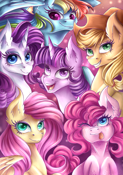 Size: 3541x5016 | Tagged: safe, artist:karmamoonshadow, derpibooru import, applejack, fluttershy, pinkie pie, rainbow dash, rarity, twilight sparkle, ear fluff, mane six, one eye closed, open mouth, tongue out, wink