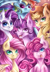 Size: 3541x5016 | Tagged: safe, artist:karmamoonshadow, derpibooru import, applejack, fluttershy, pinkie pie, rainbow dash, rarity, twilight sparkle, ear fluff, mane six, one eye closed, open mouth, tongue out, wink