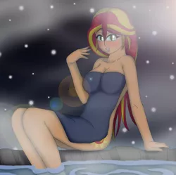 Size: 4957x4935 | Tagged: suggestive, artist:tyron91, derpibooru import, sunset shimmer, equestria girls, absurd resolution, alternative cutie mark placement, blushing, breasts, busty sunset shimmer, cleavage, clothes, cutie mark on human, embarrassed, female, hot springs, lens flare, looking at you, solo, solo female, swimming pool, towel, wet, wet hair