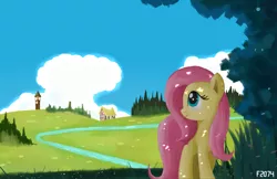 Size: 1580x1024 | Tagged: artist:2074, derpibooru import, fluttershy, looking up, safe, scenery, solo