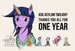 Size: 1280x876 | Tagged: applejack, artist:dreamingnoctis, ask, ask asylum twilight, cupcake, derpibooru import, fluttershy, food, horn cap, mane six, pinkamena diane pie, pinkie pie, rainbow dash, rarity, safe, tumblr, twilight sparkle