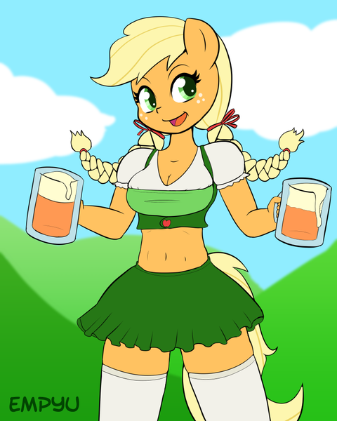 Size: 800x1000 | Tagged: alcohol, alternate hairstyle, anthro, applejack, artist:empyu, beer, belly button, braid, breasts, busty applejack, cleavage, clothes, cute, derpibooru import, female, freckles, midriff, miniskirt, oktoberfest, skirt, socks, solo, solo female, suggestive, thigh highs, zettai ryouiki