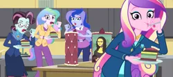 Size: 1421x637 | Tagged: safe, derpibooru import, edit, edited screencap, screencap, princess cadance, princess celestia, princess luna, principal abacus cinch, acadeca, equestria girls, friendship games, cake, cakelestia, caught, dean cadance, eating, female, food, mona lisa, plate, principal celestia, shocked, sisters, vice principal luna