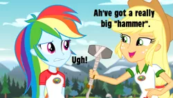 Size: 729x411 | Tagged: suggestive, derpibooru import, edit, edited screencap, screencap, applejack, rainbow dash, equestria girls, legend of everfree, caption, disgusted, hammer, implied futa, implied futajack