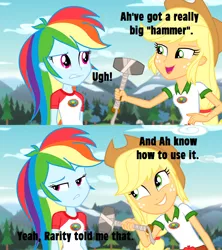 Size: 728x820 | Tagged: suggestive, derpibooru import, edit, edited screencap, screencap, applejack, rainbow dash, equestria girls, legend of everfree, caption, hammer, image macro, implied futa, implied futajack, implied rarijack, implied sex, meme