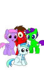 Size: 720x1280 | Tagged: safe, artist:toyminator900, derpibooru import, oc, oc:chip, oc:clever clop, oc:cyan lightning, oc:melody notes, unofficial characters only, pegasus, pony, unicorn, clothes, open mouth, raised hoof, scarf, screaming, simple background, sitting, smiling, transparent background