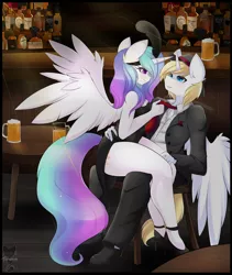 Size: 800x948 | Tagged: suggestive, artist:teranen, derpibooru import, princess celestia, oc, oc:silas, alicorn, anthro, plantigrade anthro, alcohol, alicorn oc, anthro oc, bar, beer, blushing, breasts, busty princess celestia, canon x oc, clothes, colored pupils, female, hat, high heels, male, necktie, shipping, shoes, straight, suit, whiskey