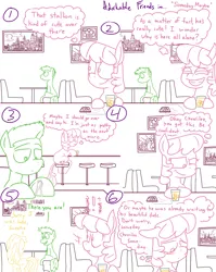 Size: 1280x1611 | Tagged: safe, artist:adorkabletwilightandfriends, derpibooru import, cheerilee, pony, comic:adorkable twilight and friends, adorkable friends, bar, comic, cute, lineart, love, male, plot, restaurant, romance, sitting, slice of life, stallion, stool