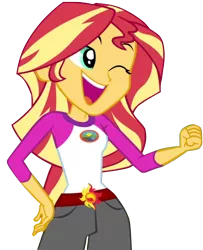 Size: 492x605 | Tagged: safe, artist:stacyhirano34, derpibooru import, sunset shimmer, equestria girls, legend of everfree, one eye closed, shots, simple background, solo, transparent background, vector, wink