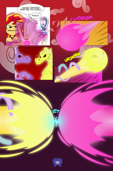 Size: 5854x8903 | Tagged: safe, artist:drewdini, derpibooru import, adagio dazzle, aria blaze, sonata dusk, sunset shimmer, twilight sparkle, twilight sparkle (alicorn), siren, comic:equestrian city, equestria girls, absurd resolution, beam, comic, equestrian city, magic, ponied up, sleeveless, strapless