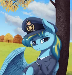 Size: 2300x2389 | Tagged: safe, artist:mrscroup, derpibooru import, oc, oc:bolterdash, unofficial characters only, pegasus, pony, against tree, clothes, field, grass field, looking at you, scenery, solo, tree, tree carving, under the tree, uniform