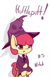 Size: 1000x1500 | Tagged: adorabloom, apple bloom, artist:arielsbx, clothes, costume, crossover, cute, derpibooru import, harry potter, safe, solo, sorting hat, this will end in disappointment, witch